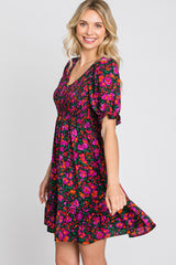 Black Floral Smocked Ruffle Hem Dress