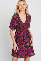 Black Floral Smocked Ruffle Hem Dress