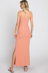 Peach Ribbed Side Slit Maxi Dress