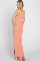 Peach Ribbed Side Slit Maxi Dress