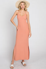 Peach Ribbed Side Slit Maxi Dress