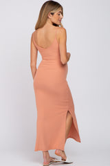 Peach Ribbed Side Slit Maternity Maxi Dress