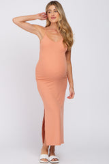 Peach Ribbed Side Slit Maternity Maxi Dress