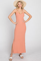 Peach Ribbed Side Slit Maternity Maxi Dress