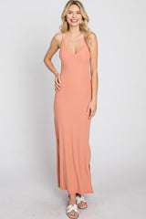 Peach Ribbed Side Slit Maxi Dress