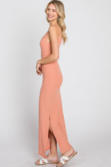 Peach Ribbed Side Slit Maxi Dress