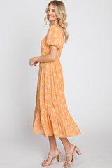 Peach Floral Crochet Accent Midi Dress