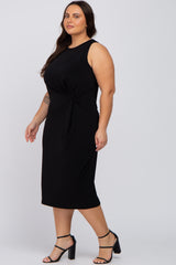 Black Sleeveless Gathered Waist Plus Midi Dress