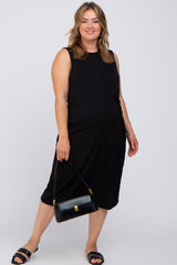 Black Sleeveless Gathered Waist Plus Maternity Midi Dress