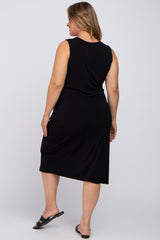 Black Sleeveless Gathered Waist Plus Maternity Midi Dress