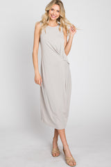 Grey Sleeveless Gathered Waist Midi Dress