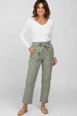 Light Olive Waist Tie Cuffed Maternity Pants