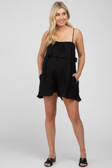 Black Embroidered Plaid Ruffle Accent Maternity Romper