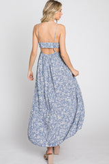 Blue Floral Back Cutout Midi Dress