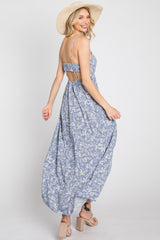 Blue Floral Back Cutout Midi Dress