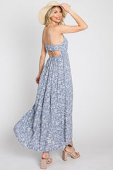 Blue Floral Back Cutout Midi Dress