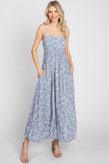 Blue Floral Back Cutout Midi Dress