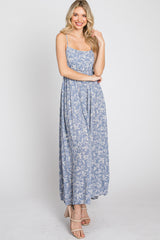 Blue Floral Back Cutout Midi Dress