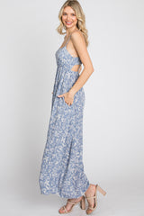 Blue Floral Back Cutout Midi Dress