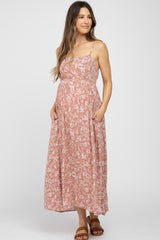 Mauve Floral Back Cutout Maternity Midi Dress