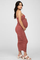 Rust Ruched One Shoulder Maternity Midi Dress