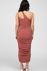 Rust Ruched One Shoulder Maternity Midi Dress