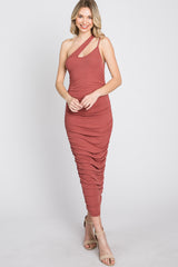 Rust Ruched One Shoulder Midi Dress