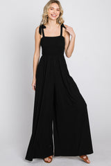 Black Smocked Shoulder Tie Jumpsuit