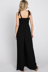 Black Smocked Shoulder Tie Jumpsuit