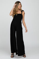 Black Smocked Shoulder Tie Maternity Jumpsuit