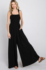 Black Smocked Shoulder Tie Maternity Jumpsuit