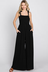 Black Smocked Shoulder Tie Jumpsuit