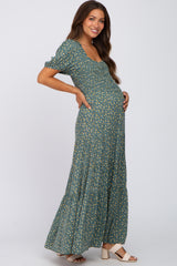 Green Floral Smocked Tiered Maternity Maxi Dress