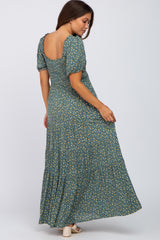 Green Floral Smocked Tiered Maternity Maxi Dress