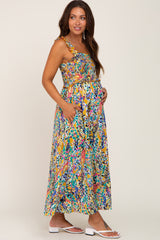 Yellow Printed Smocked Maternity Maxi Dress