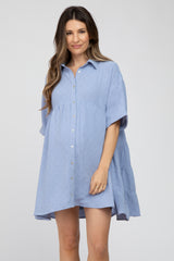 Light Blue Button Up Cuff Sleeve Maternity Dress