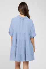 Light Blue Button Up Cuff Sleeve Maternity Dress