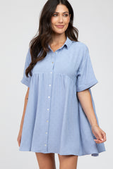 Light Blue Button Up Cuff Sleeve Maternity Dress