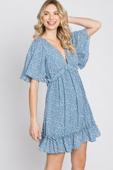 Blue Floral Ruffle Accent Cutout Dress