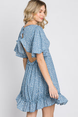 Blue Floral Ruffle Accent Cutout Dress