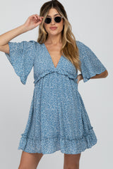Blue Floral Ruffle Accent Cutout Maternity Dress