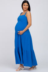 Blue Sleeveless Ruffle Tiered Maternity Maxi Dress