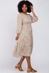 Cream Floral Smocked 3/4 Sleeve Midi Dress