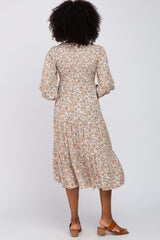 Cream Floral Smocked 3/4 Sleeve Midi Dress