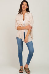 Taupe Button Up Collared Fringe Hem Top