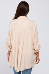 Taupe Button Up Collared Fringe Hem Maternity Top