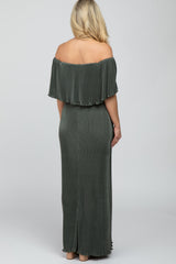 Olive Pleated Ruffle Off Shoulder Maternity Maxi Dress