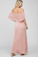 Pink Pleated Ruffle Off Shoulder Maxi Dress