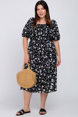 Black Floral Smocked Puff Sleeve Plus Midi Dress