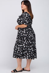 Black Floral Smocked Puff Sleeve Plus Midi Dress